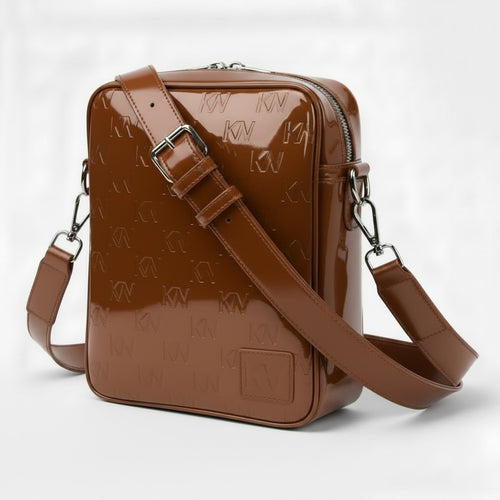 Chocolate Menzi brown patent leather KW monogram messenger bag