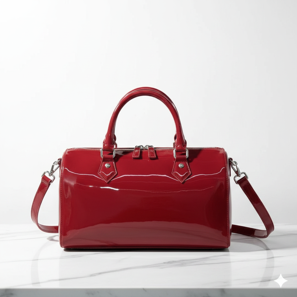 Luxury red patent leather barrel bag with silver hardware on marble surface