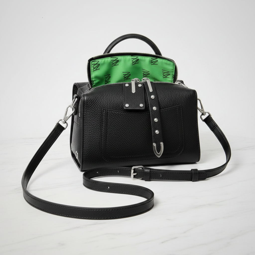 THE LUXE Bag open showing smooth emerald green KW monogram lining