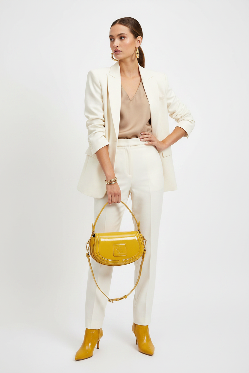 Model carrying Joy mustard yellow patent leather saddle bag