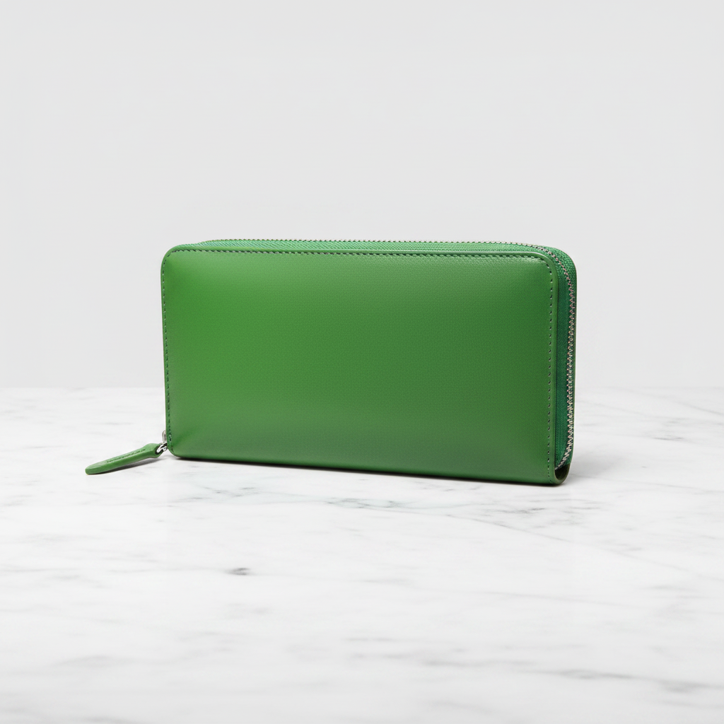 THE Unknown Wallet vibrant emerald green full-grain leather zip-around wallet on marble surface