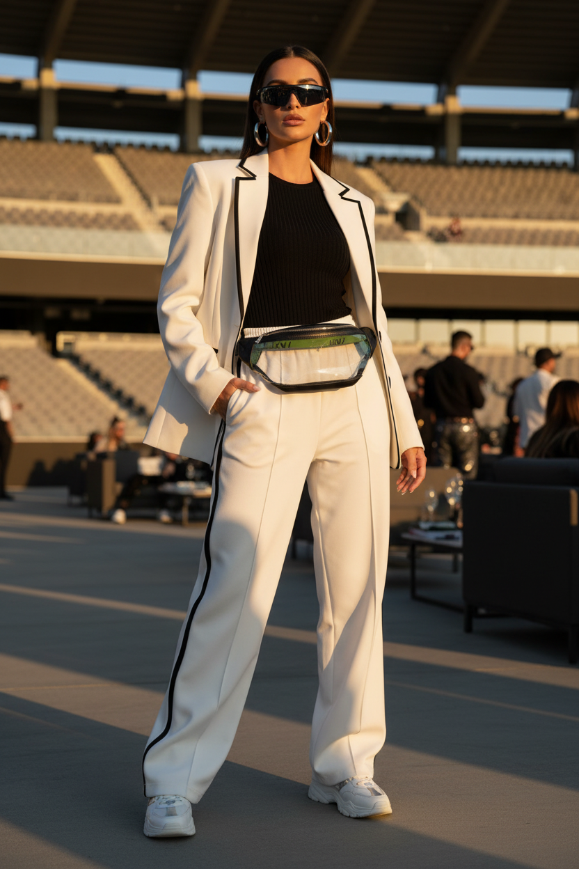 Confident stylish woman wearing the Game Time Fani clear PVC fanny pack at a luxury outdoor event