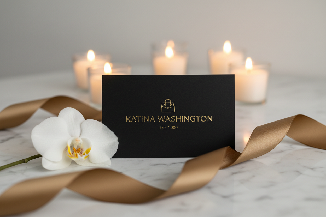 Katina Washington luxury gift card on marble surface with silk ribbon and white orchid