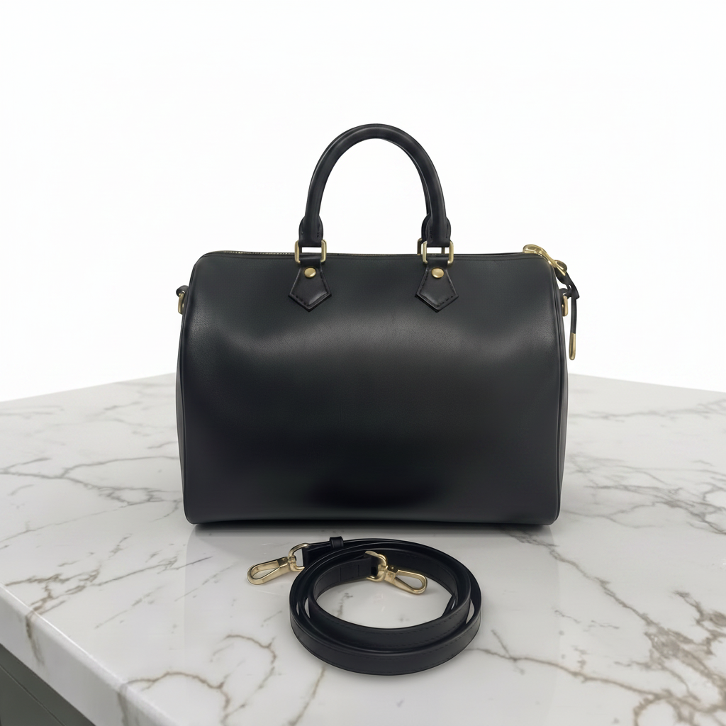 THE Recovery Bag black leather speedy boston bag with gold hardware on marble surface