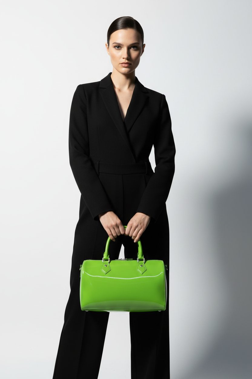 Striking woman holding the Outside Recovery Bag in apple green patent leather by its top handles