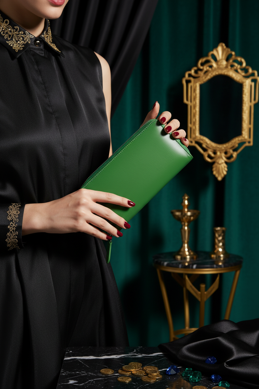 Elegant model holding emerald green leather wallet