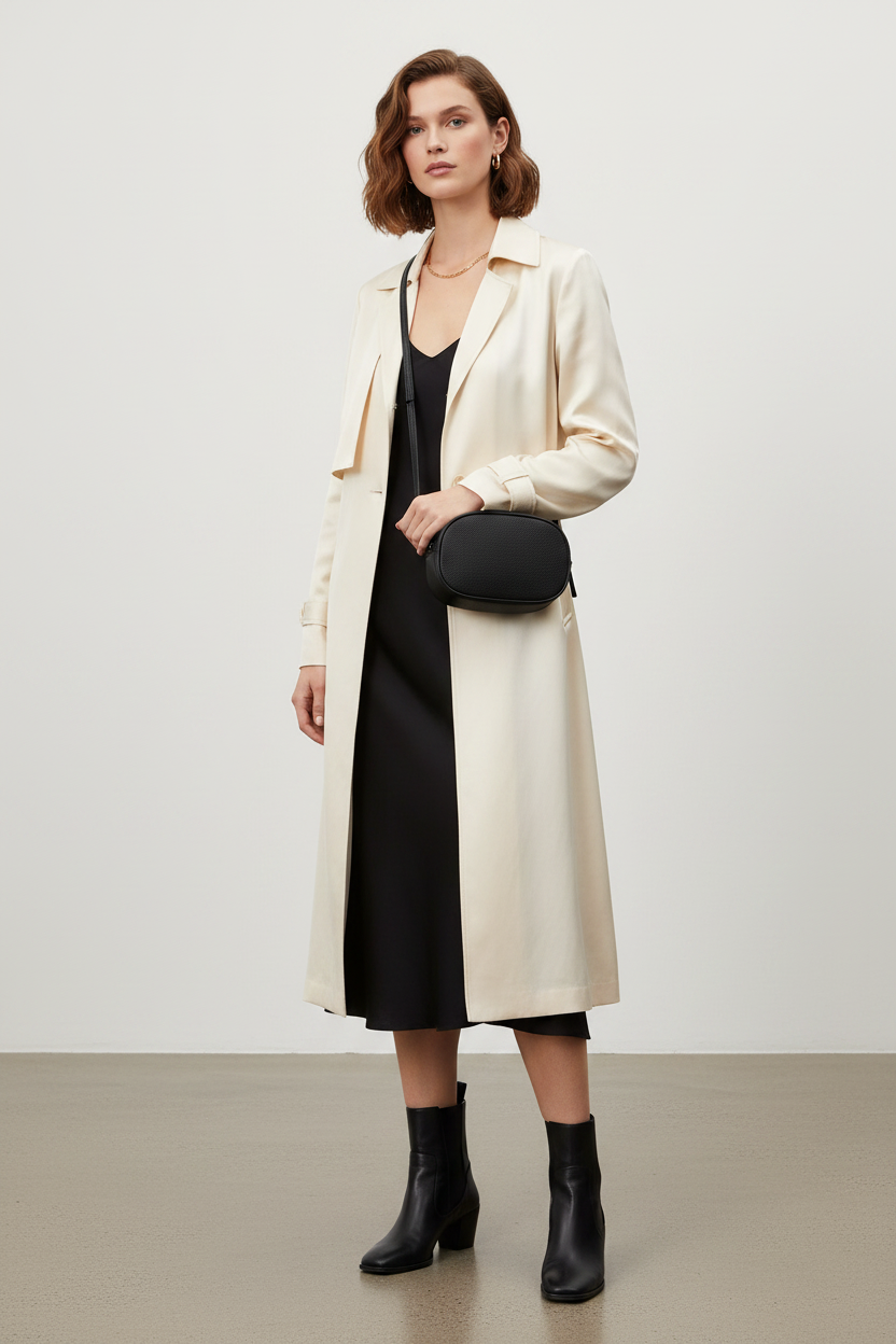 Elegant stylish woman wearing the Simple Crossbody black oval leather bag