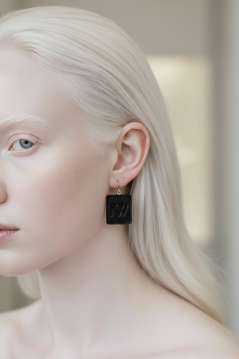 Elegant albino woman with flowy hair wearing KW signature leather earrings