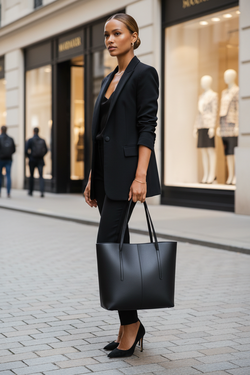 Elegant woman with golden brown skin carrying the black leather capacity tote bag