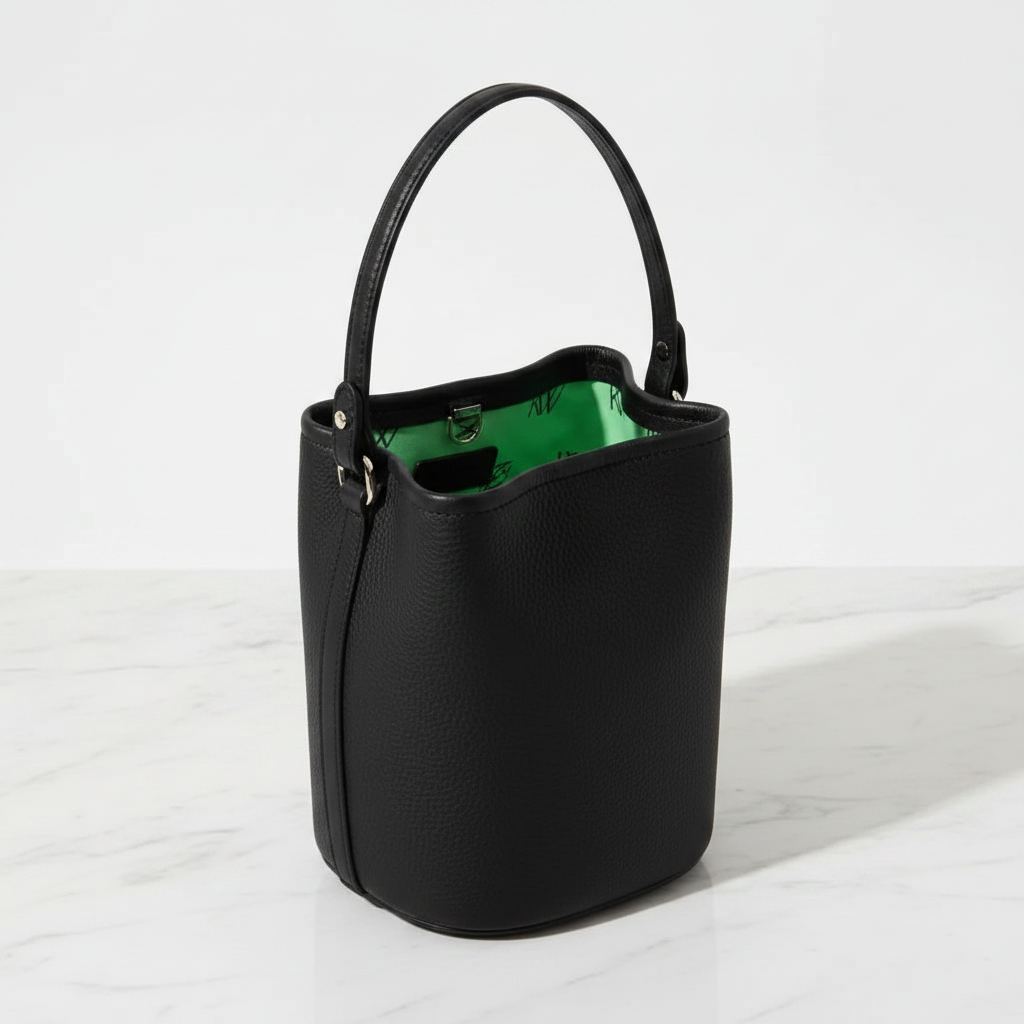 THE Bucket Bag black leather bucket bag open showing emerald green KW monogram lining