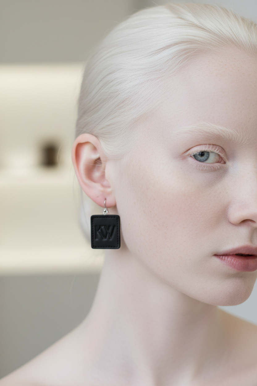 Elegant albino woman wearing KW signature leather earrings