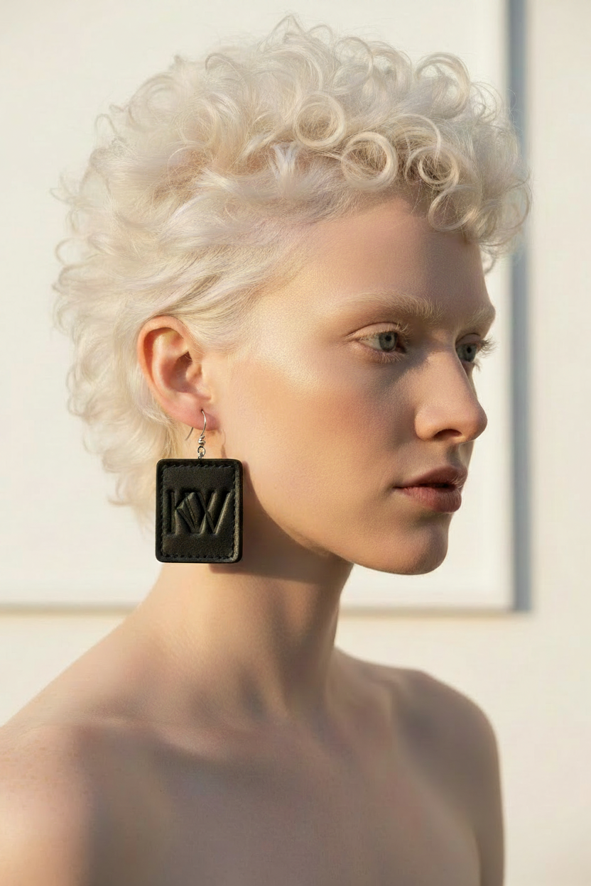 Elegant Spanish albino woman wearing KW signature leather large dangle earrings