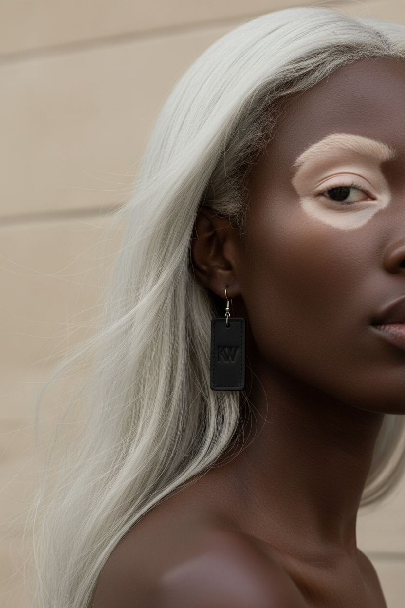 Elegant Black albino woman wearing KW signature leather medium dangle earrings