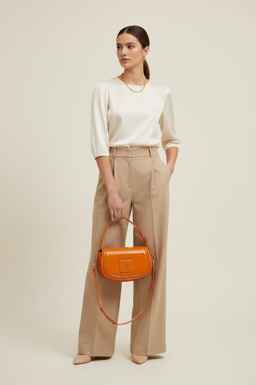 Model carrying Zest1 orange patent leather bag
