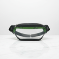 Game Time Fani clear luxury belt bag with black leather trim on marble surface