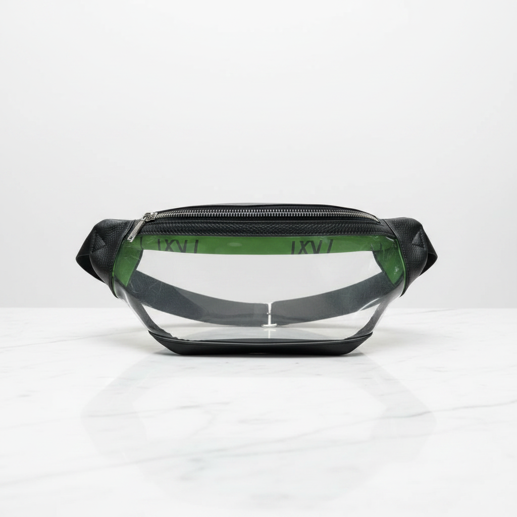 Game Time Fani clear luxury belt bag with black leather trim on marble surface