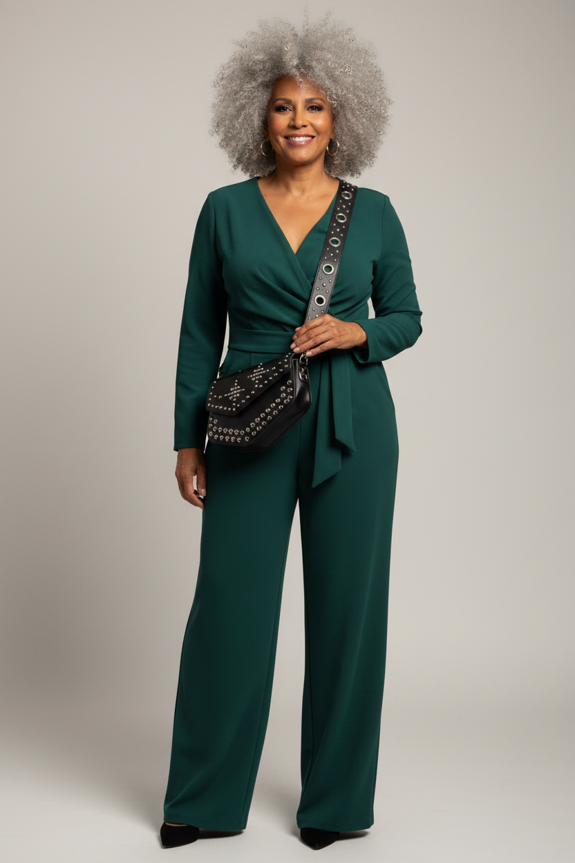 Confident plus-size older Latina woman with a magnificent silver afro wearing the Elevation Crossbody studded bag