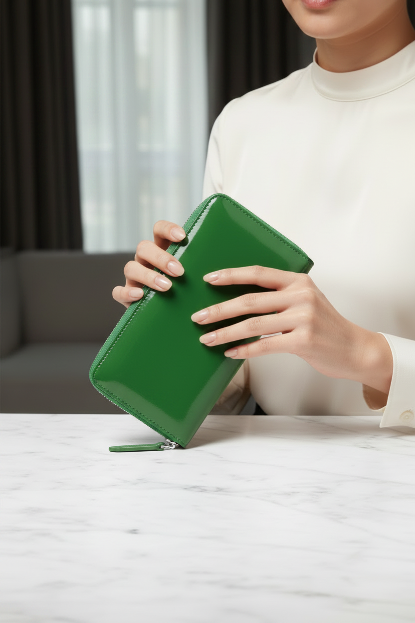 Elegant Asian woman holding the shiny emerald green patent leather zip-around wallet