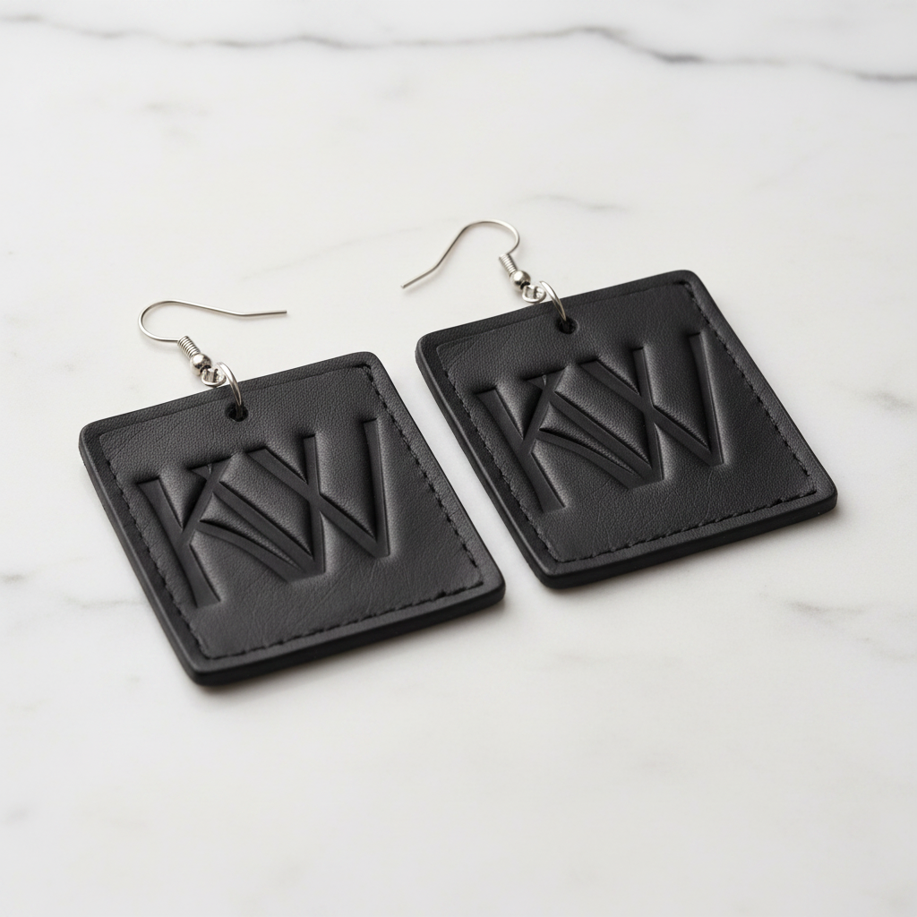 Signature Leather Dangles Large square black leather earrings with KW debossed logo on marble surface