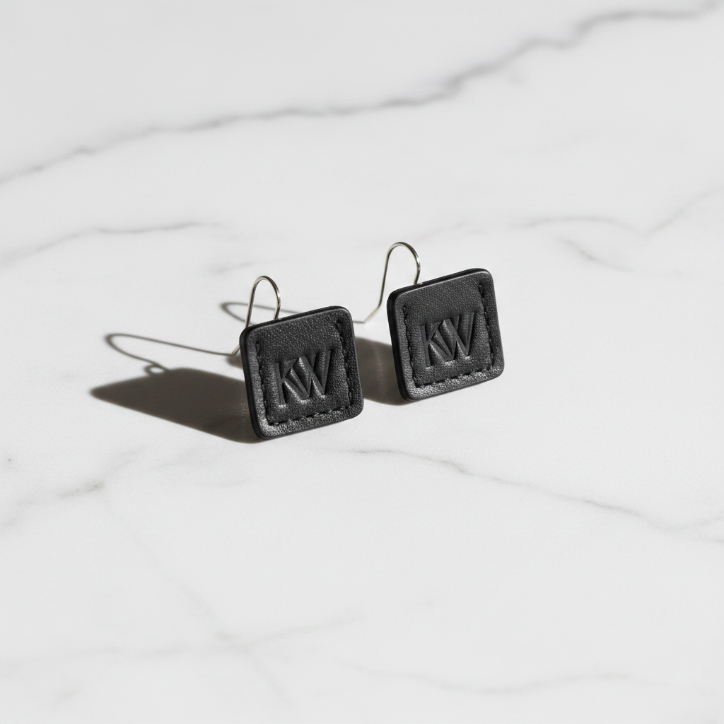 Signature Leather Dangles Small square black leather earrings with KW debossed logo on marble surface