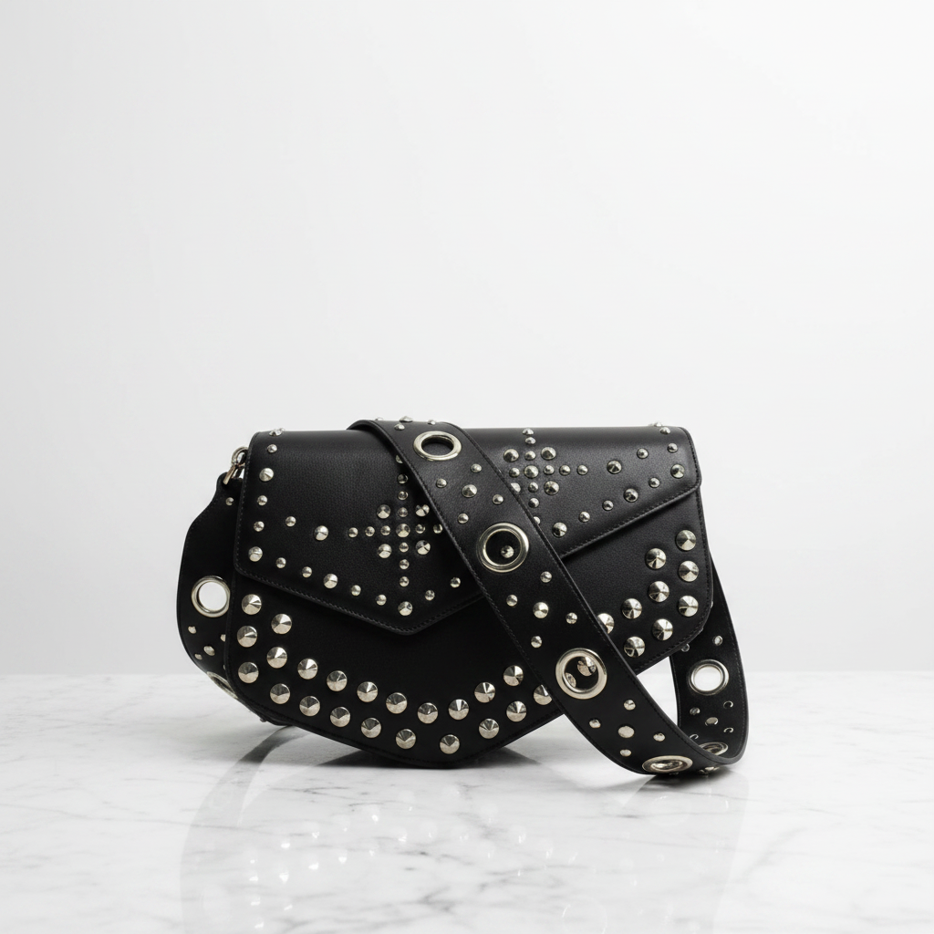 THE Elevation Crossbody black leather studded saddle bag with silver grommets and spike studs on marble surface