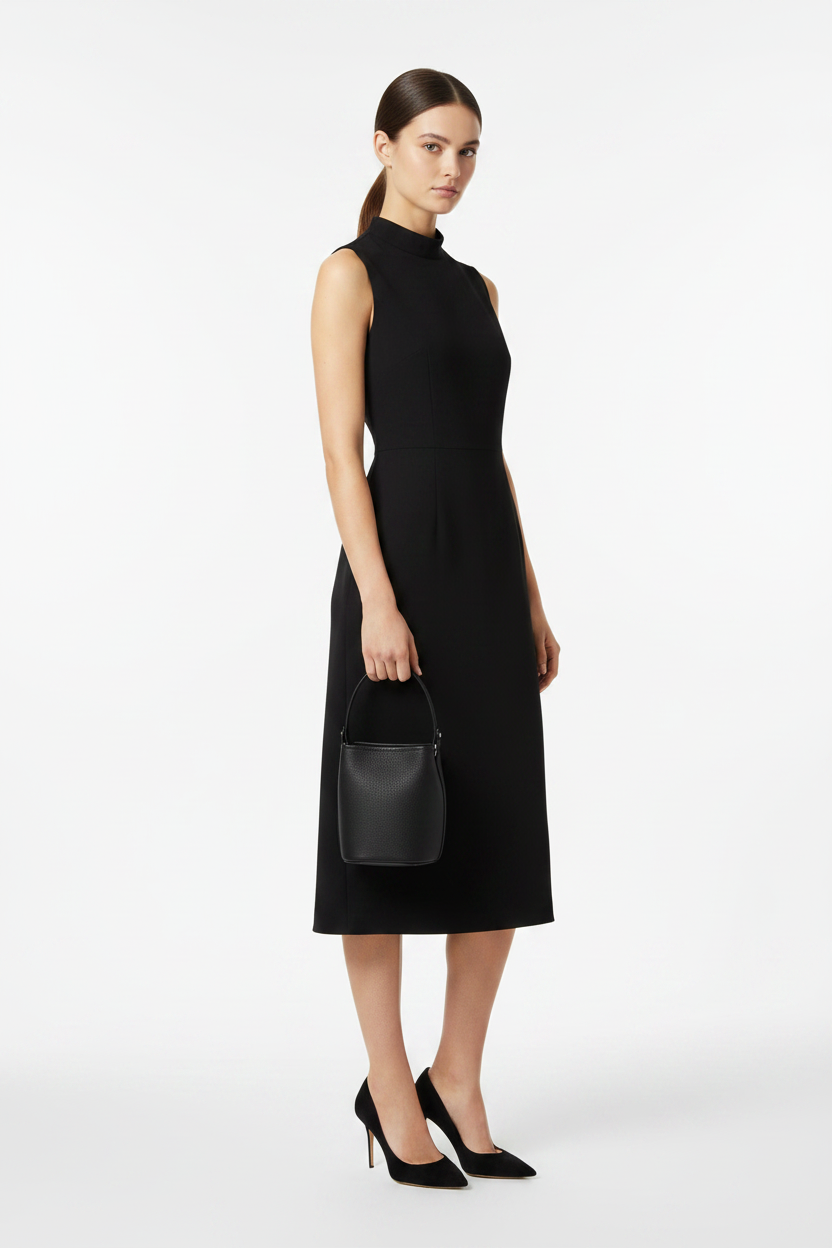 Elegant woman carrying the Bucket Bag small black leather bucket bag with green KW monogram lining