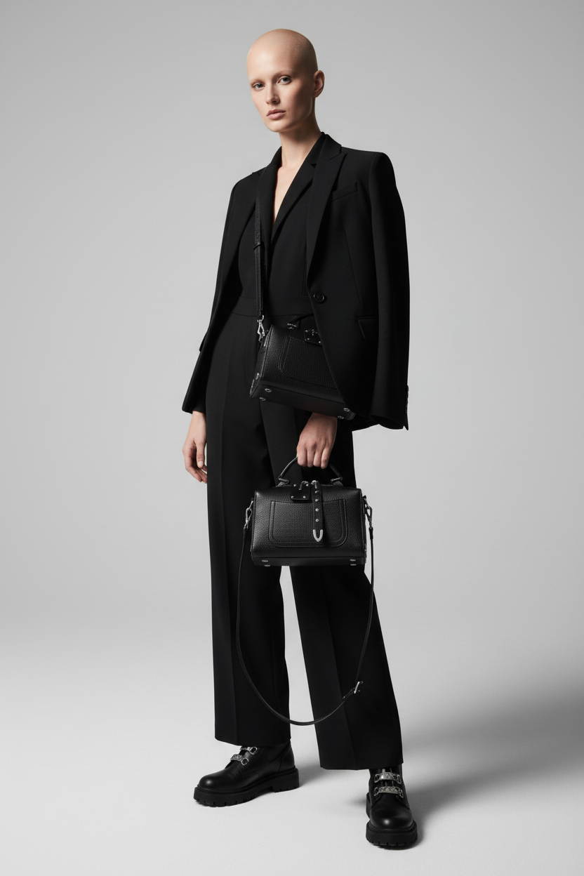 Alluring bald woman carrying the Luxe Bag black pebbled leather doctor bag